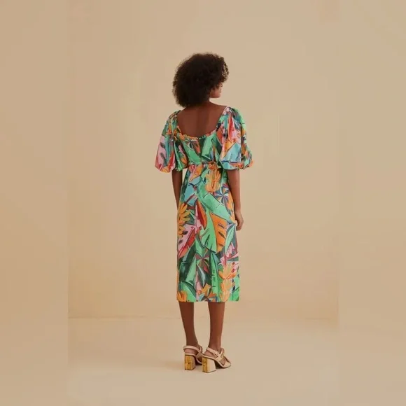 Farm Rio Multicolor Banana Foliage Puff Sleeve Midi Dress - Picture 2 of 6